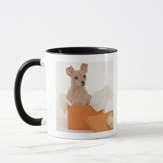 ギフト用の箱に坐っている小さい犬 マグカップ (左)