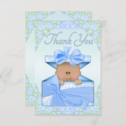 ギフト用の箱の民族の男の赤ちゃんおよびバラは感謝していしています サンキューカード (正面/裏面)