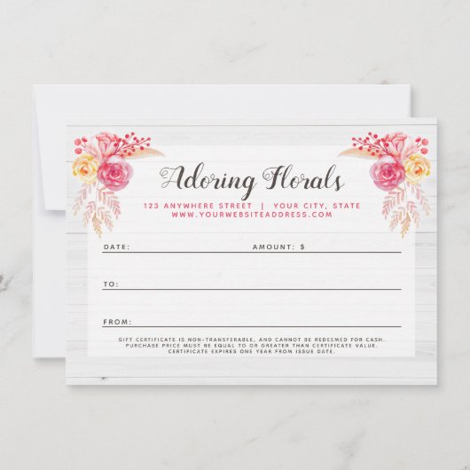 ギフト証明書みすぼらしいシックなバラと素朴フローラ (裏面)