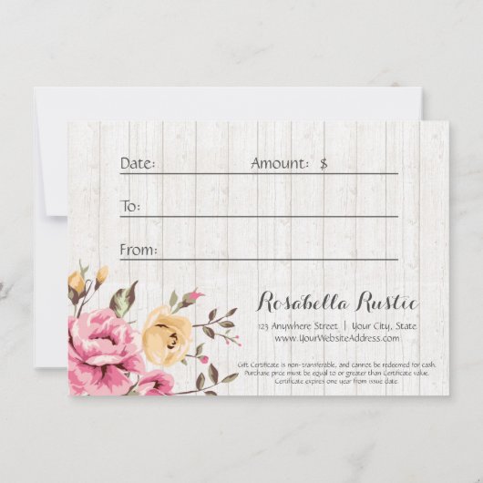 ギフト証明書みすぼらしいシックなフローラ素朴ウッド (裏面)