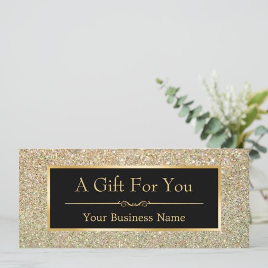 ギフト証明書ファッショナブル金ゴールドグリッターの輝き (スタンド正面)