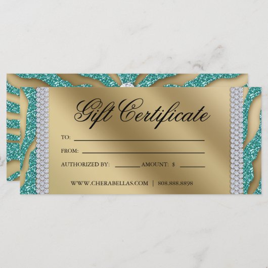 ギフト証明書交換サロンジュエリーティール（緑がかった色）金ゴールド (正面/裏面)