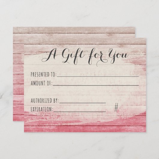ギフト証明書素朴木材赤面ピンクシャビー (正面/裏面)