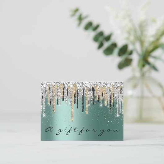 ギフト証明書美しいショップヘア爪、 ネイルティール（緑がかった色）金ゴールド 名刺 (スタンド正面)