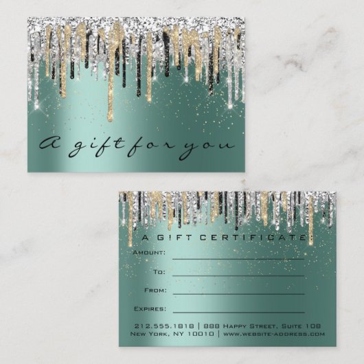ギフト証明書美しいショップヘア爪、 ネイルティール(緑がかった色)金ゴールド 名刺 (正面/裏面)