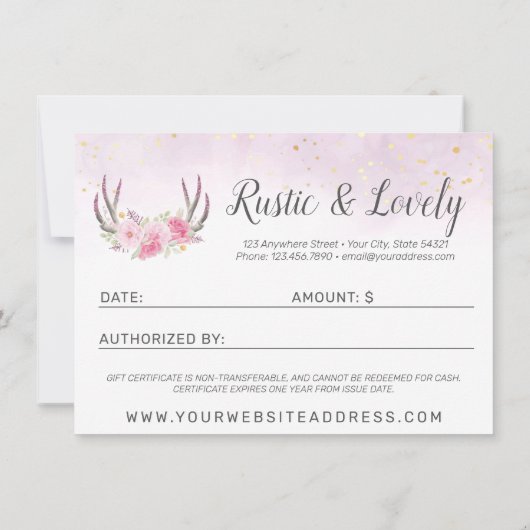 ギフト証明書赤面ピンク金ゴールド〔雄ジカの〕枝角シックカード 招待状 (裏面)