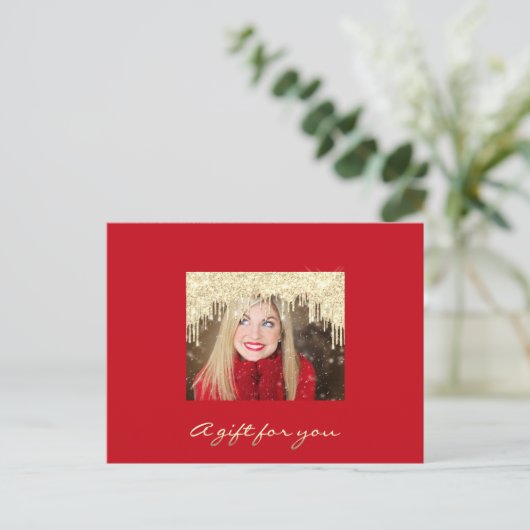 ギフト証明書金の滴り休日モダン赤 ポストカード (スタンド正面)