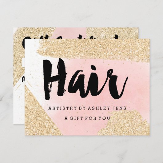 ギフト証明書金ゴールドグリッターピンクのヘアスクリプト (正面/裏面)