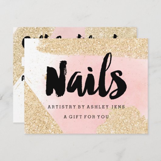 ギフト証明書金ゴールドグリッターピンク爪、 ネイルスクリプト (正面/裏面)
