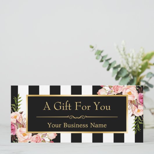 ギフト証明書金ゴールドフローラ白黒ストライプ文字 (スタンド正面)