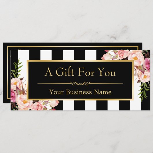 ギフト証明書金ゴールドフローラ白黒ストライプ文字 (正面/裏面)