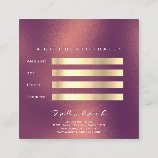 ギフト証明書銅の金ゴールドまばたきメイクアップ目 割引カード (裏面)