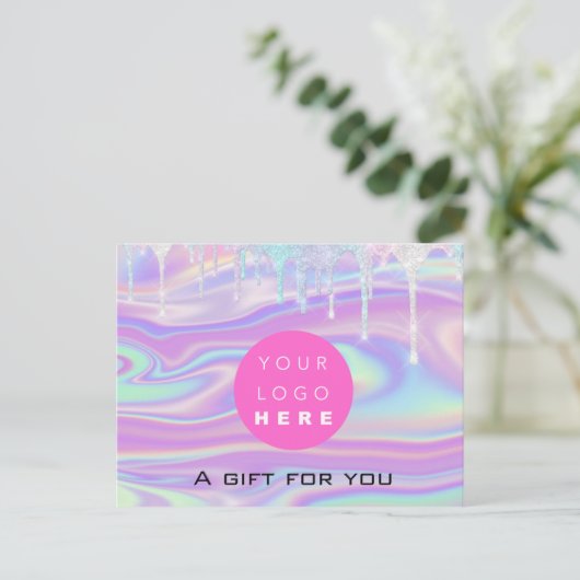 ギフト証書ホログラフユニコーンロゴピンクドリップ ポストカード (スタンド正面)