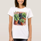 ギボウシの庭と黒猫の水彩画  Tシャツ (正面)