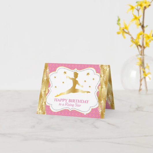 ギムナストピンク金ゴールドガールハッピーバースデーウィッシュ カード (黄色い花)