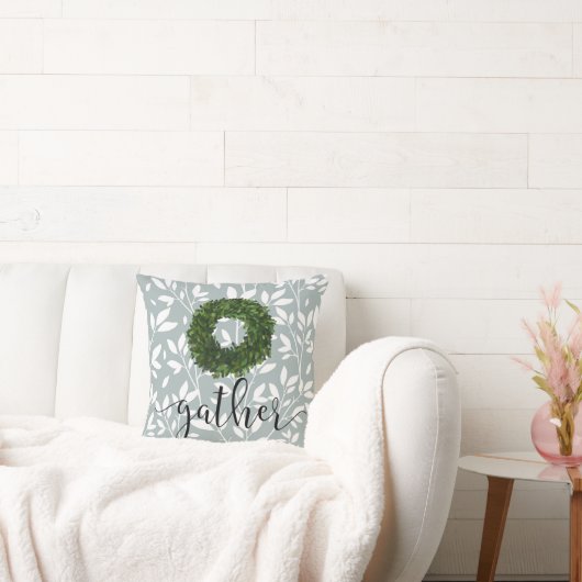 ギャザースクリプトシンプルフローラカントリーグリーンリース クッション (ソファ)