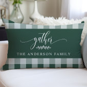 ギャザー秋グリーン&ホワイトバッファローチェック ランバークッション