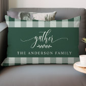 ギャザー秋グリーン&ホワイトバッファローチェック ランバークッション