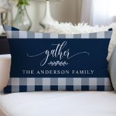 ギャザー秋ネイビー&ホワイトバッファローチェック ランバークッション