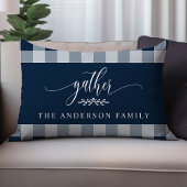 ギャザー秋ネイビー&ホワイトバッファローチェック ランバークッション