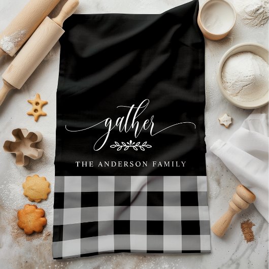 ギャザー秋ブラック&ホワイトバッファローチェック キッチンタオル