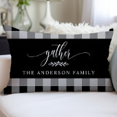 ギャザー秋ブラック&ホワイトバッファローチェック ランバークッション