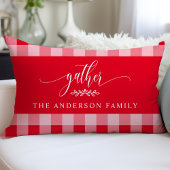 ギャザー秋レッド&ホワイトバッファローチェック ランバークッション