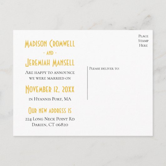 ギャツビーたった今結婚しました金ゴールドブラックアールデコ結婚ズ 案内ポストカード (裏面)