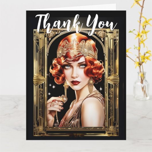 ギャツビーのフラッパー感謝していガールが1920年代の赤毛を取り除く カード (黄色い花)