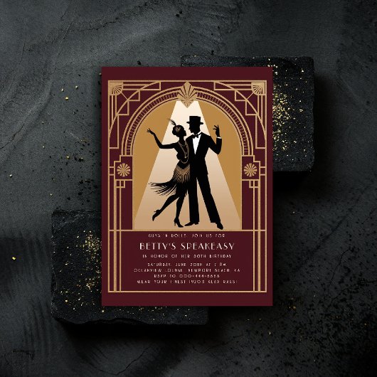 ギャツビーの隠れ家 1920年代 デコ ゴールド バーガンディー 誕生日 招待状