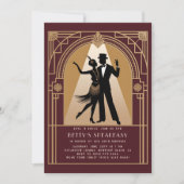 ギャツビーの隠れ家 1920年代 デコ ゴールド バーガンディー 誕生日 招待状 (正面)