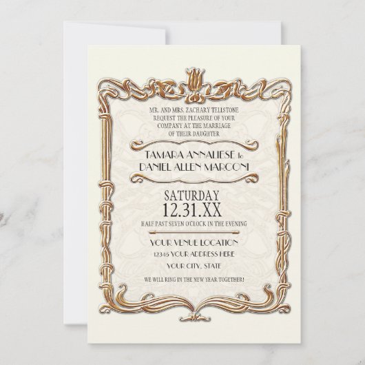 ギャツビーアールデコ新しいレースフェイク金ゴールドチューリップ 招待状 (正面)