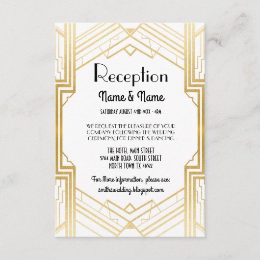 ギャツビーアールデコ金ゴールドウェディングレセプションカード エンクロージャーカード (正面)