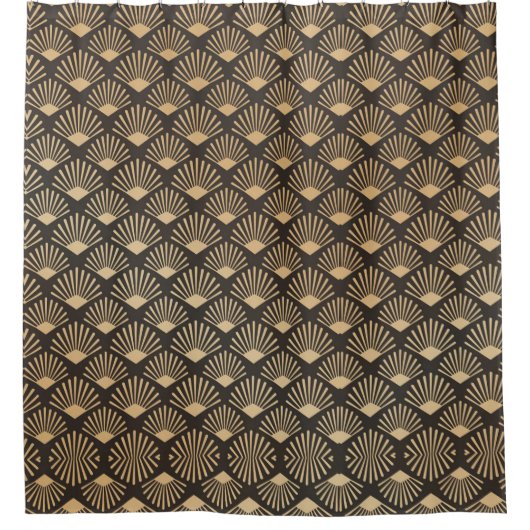 ギャツビー扇形の幾何学的パターン金ゴールドとブラック シャワーカーテン (正面)