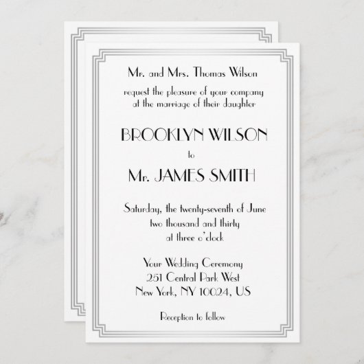 ギャツビー素晴らしアールデコシルバーホワイト結婚式 招待状 (正面/裏面)