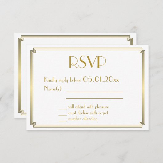 ギャツビー素晴らしアールデコホワイト金ゴールドウェディングRSVPカード 出欠カード (正面/裏面)