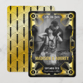 ギャツビー素晴らしアールデコ結婚の金ゴールドと黒い写真 セーブザデート (正面/裏面)