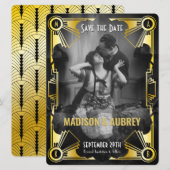 ギャツビー素晴らしアールデコ結婚の金ゴールドと黒い写真 セーブザデート (正面/裏面)