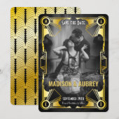 ギャツビー素晴らしアールデコ結婚の金ゴールドと黒い写真 セーブザデート (正面/裏面)