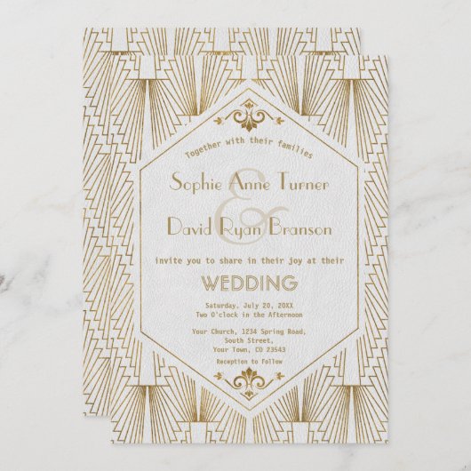 ギャツビー素晴らしアールデコ金ゴールドホワイトウェディング招待 招待状 (正面/裏面)