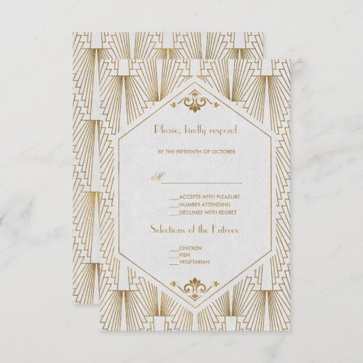 ギャツビー素晴らしアールデコ金ゴールドホワイトウェディングRSVP 出欠カード (正面/裏面)