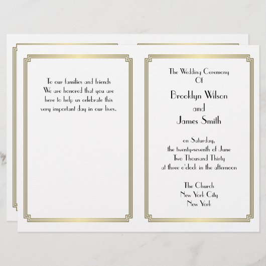 ギャツビー素晴らしアールデコ金ゴールドホワイト結婚式 プログラム (正面/裏面)