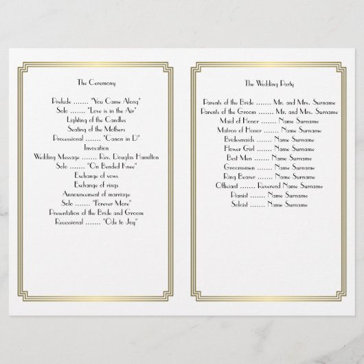 ギャツビー素晴らしアールデコ金ゴールドホワイト結婚式 プログラム (裏面)