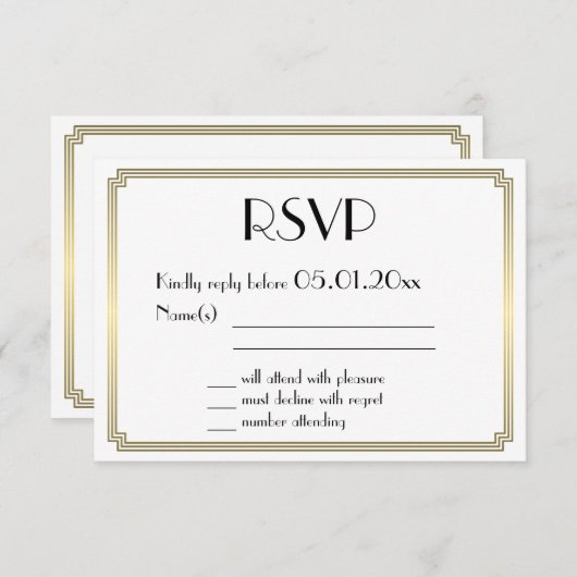 ギャツビー素晴らしアールデコ金ゴールド結婚式RSVPカード 出欠カード (正面/裏面)