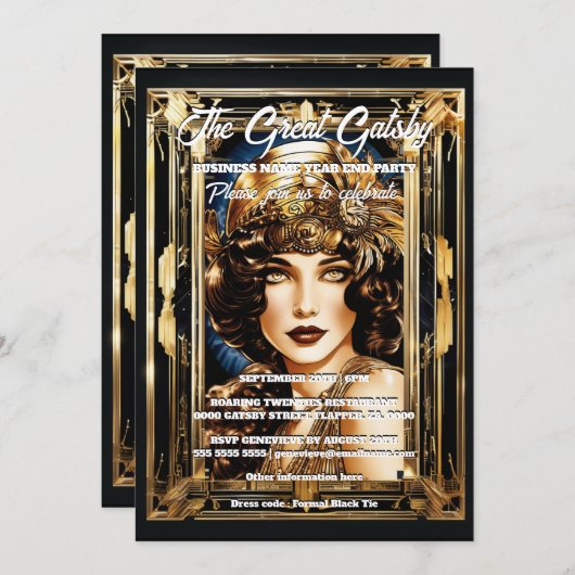 ギャツビー素晴らしテーマフラッパーガールブルネット1920年代 招待状 (正面/裏面)