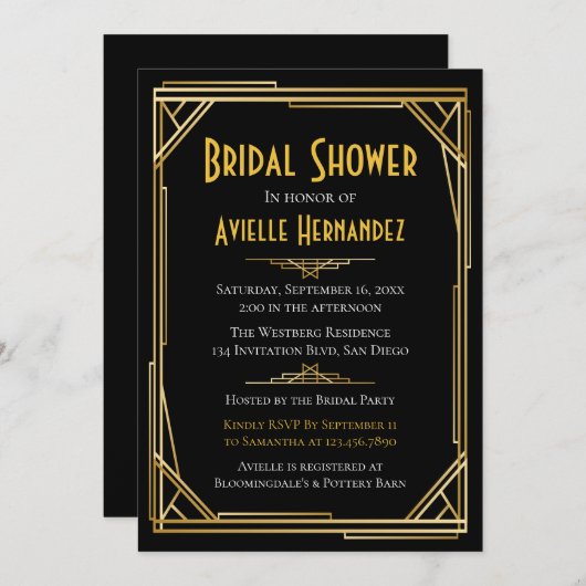 ギャツビー素晴らしブライダルシャワー金ゴールド&ブラック結婚ズ 招待状 (正面/裏面)
