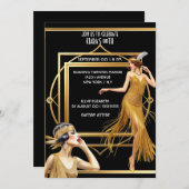 ギャツビー素晴らしブラック金ゴールドフラッパーの女の子アートデコ 招待状 (正面/裏面)