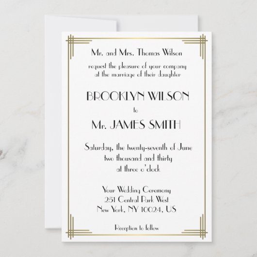 ギャツビー素晴らしホワイト金ゴールドアールデコ結婚式 招待状 (正面)