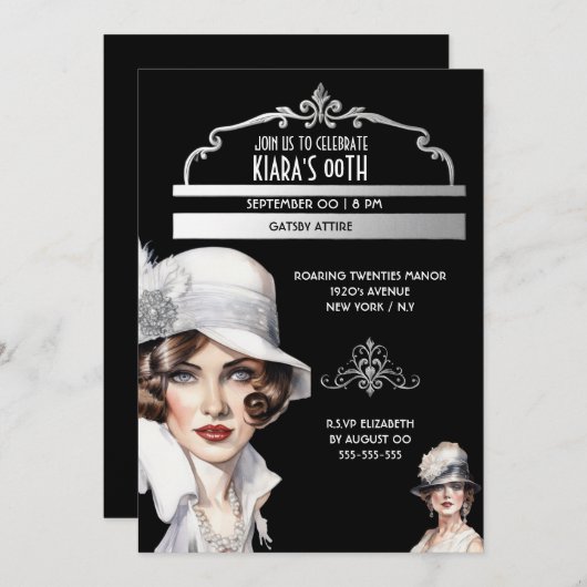 ギャツビー素晴らしラグジュアリー1920年のスタイル女性の誕生日 招待状 (正面/裏面)