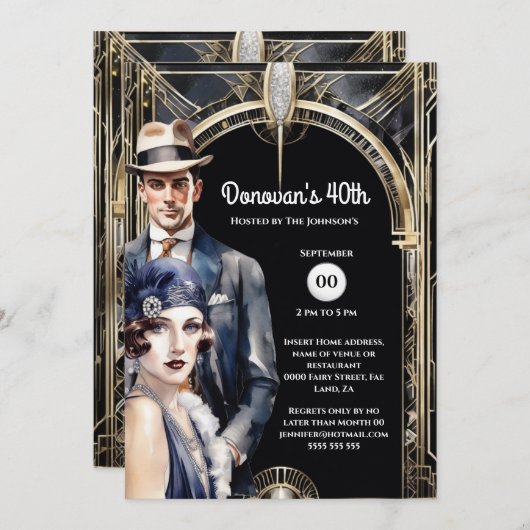 ギャツビー素晴らし金ゴールドブラック・フラッパー・マン1920年代 招待状 (正面/裏面)